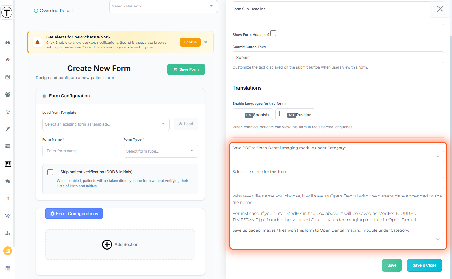 The Create New Form page with the Form Configurations panel open on the right and the three PDF settings highlighted partway down it.