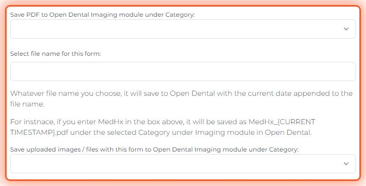 The three PDF settings highlighted in the Form Configurations panel: Save PDF to Open Dental under Category, Select file name for this form, and Save uploaded images under Category.