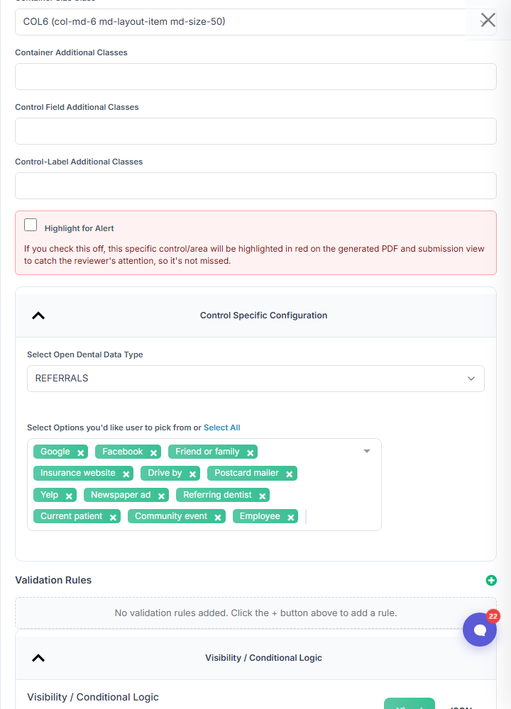 Control Specific Configuration with the data type set to REFERRALS and referral sources selected.