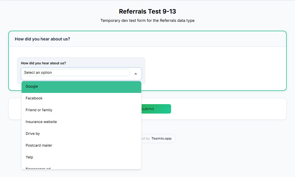 The patient's view: a How did you hear about us? dropdown listing the practice's referral sources.