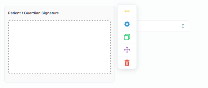 Hovering the Signature Field in the form builder reveals a vertical toolbar of icons; the blue gear that opens Control Configuration is second from the top.
