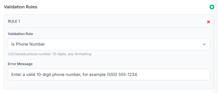 The Validation Rules panel with an Is Phone Number rule added, showing its default error message.