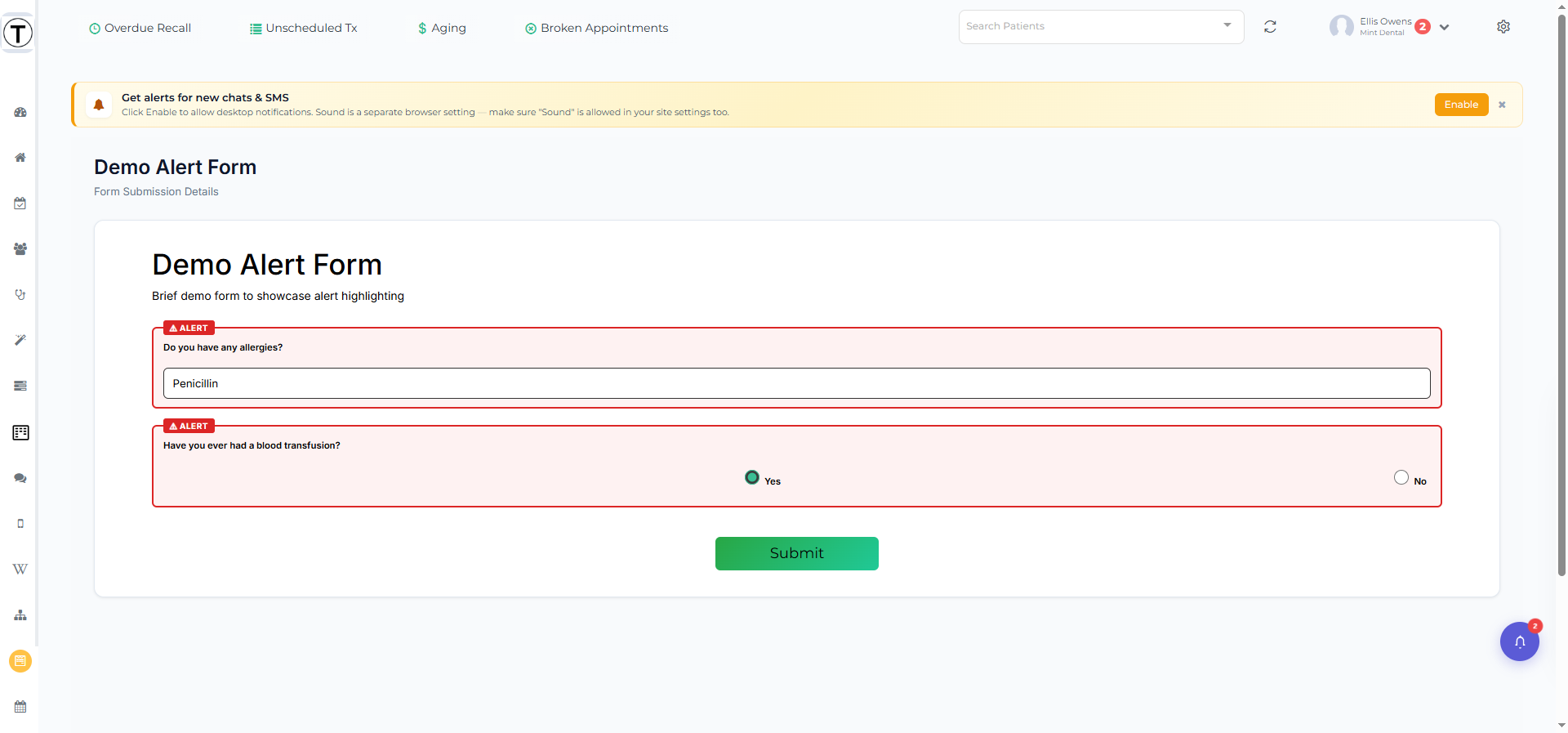 Read-only Form Submission view showing the patient's completed answers under the Form Submission Details header.