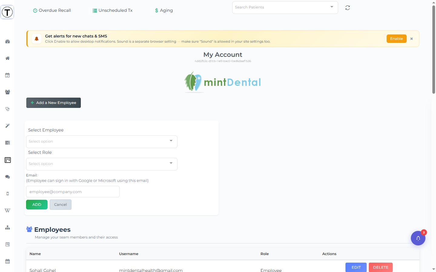 The Add a New Employee form with Select Employee, Select Role, and Email fields plus ADD and Cancel buttons.