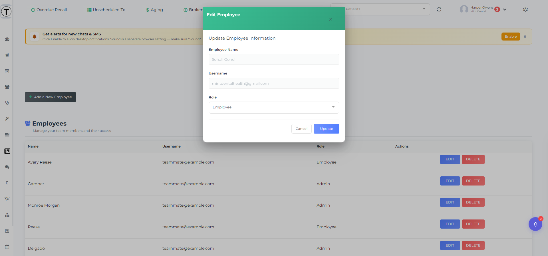 The Edit Employee window with read-only Name and Username and a Role dropdown.