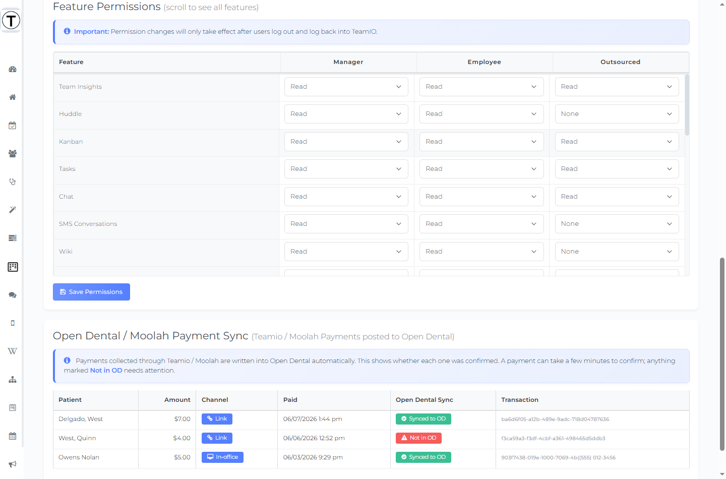 The Feature Permissions matrix with a Feature column and Manager, Employee, and Outsourced columns of access dropdowns.