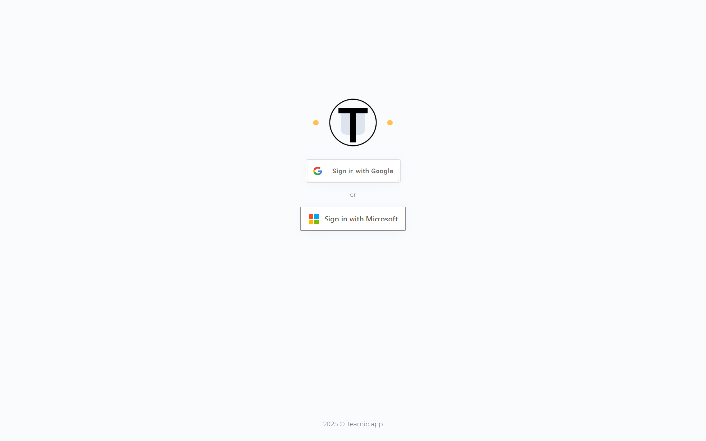 The Teamio sign-in screen with a Sign in with Google button, an "or" divider, and a Sign in with Microsoft button.
