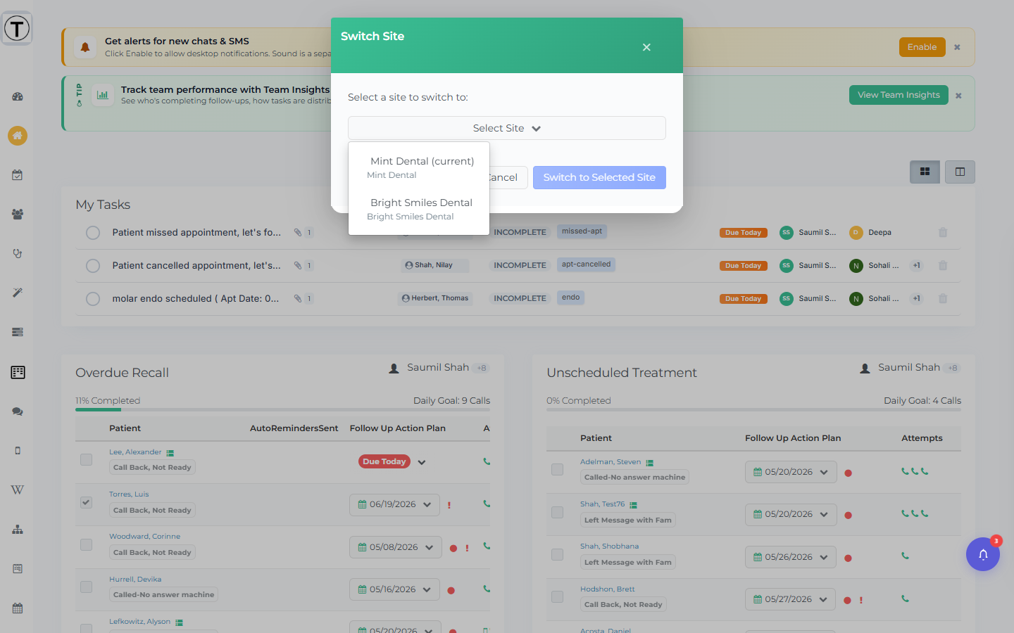 The Switch Site window with a Select Site dropdown, a Cancel button, and a Switch to Selected Site button.