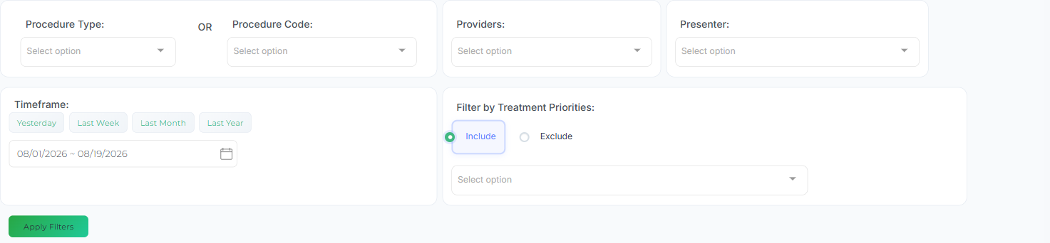 The filter row: Procedure Type or Procedure Code, Providers, Presenter, Timeframe, Treatment Priorities with Include and Exclude, and the Apply Filters button.