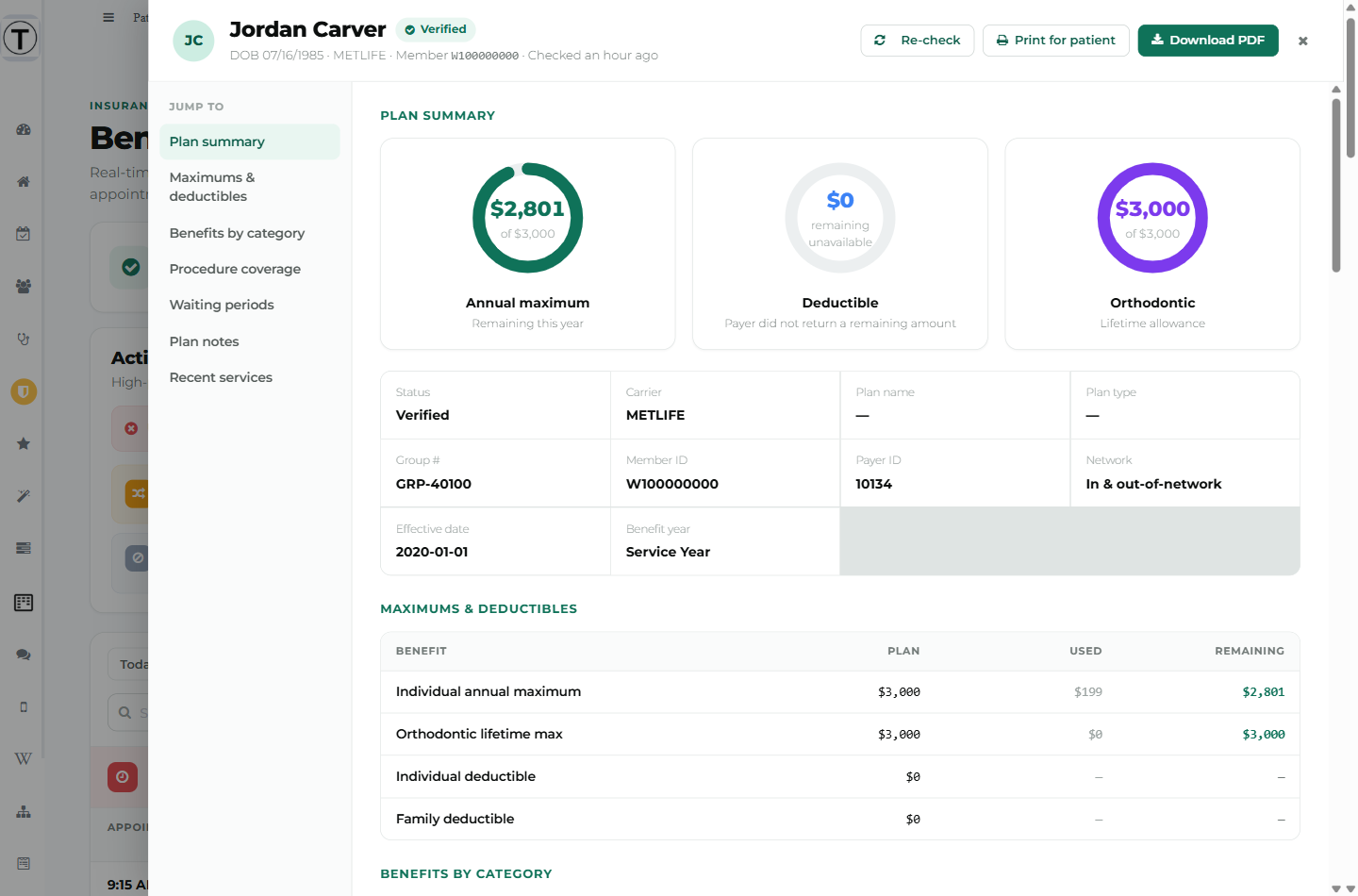 The benefit drawer showing the header with Re-check, Print for patient and Download PDF, the three benefit rings, the plan facts grid, and the Maximums & deductibles table.