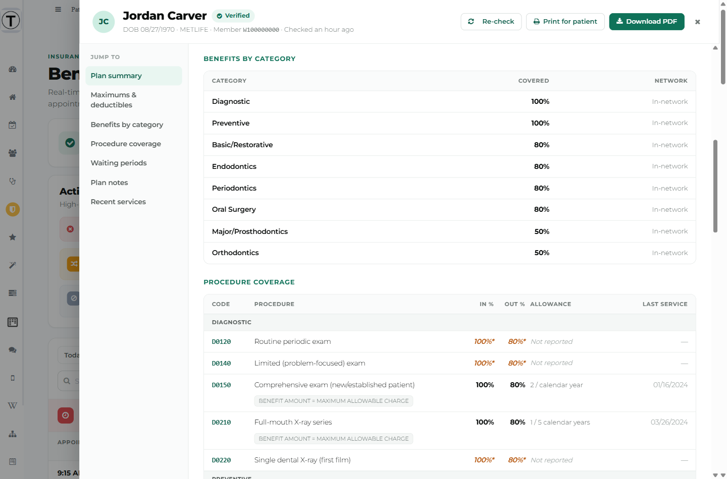 Benefits by category with coverage percentages and network, followed by the Procedure coverage table with per-code percentages, allowances and note chips.