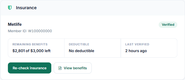 The Insurance card on a patient profile showing the carrier, masked member ID, a Verified badge, remaining benefits, deductible, last verified, and the Re-check insurance and View benefits buttons.