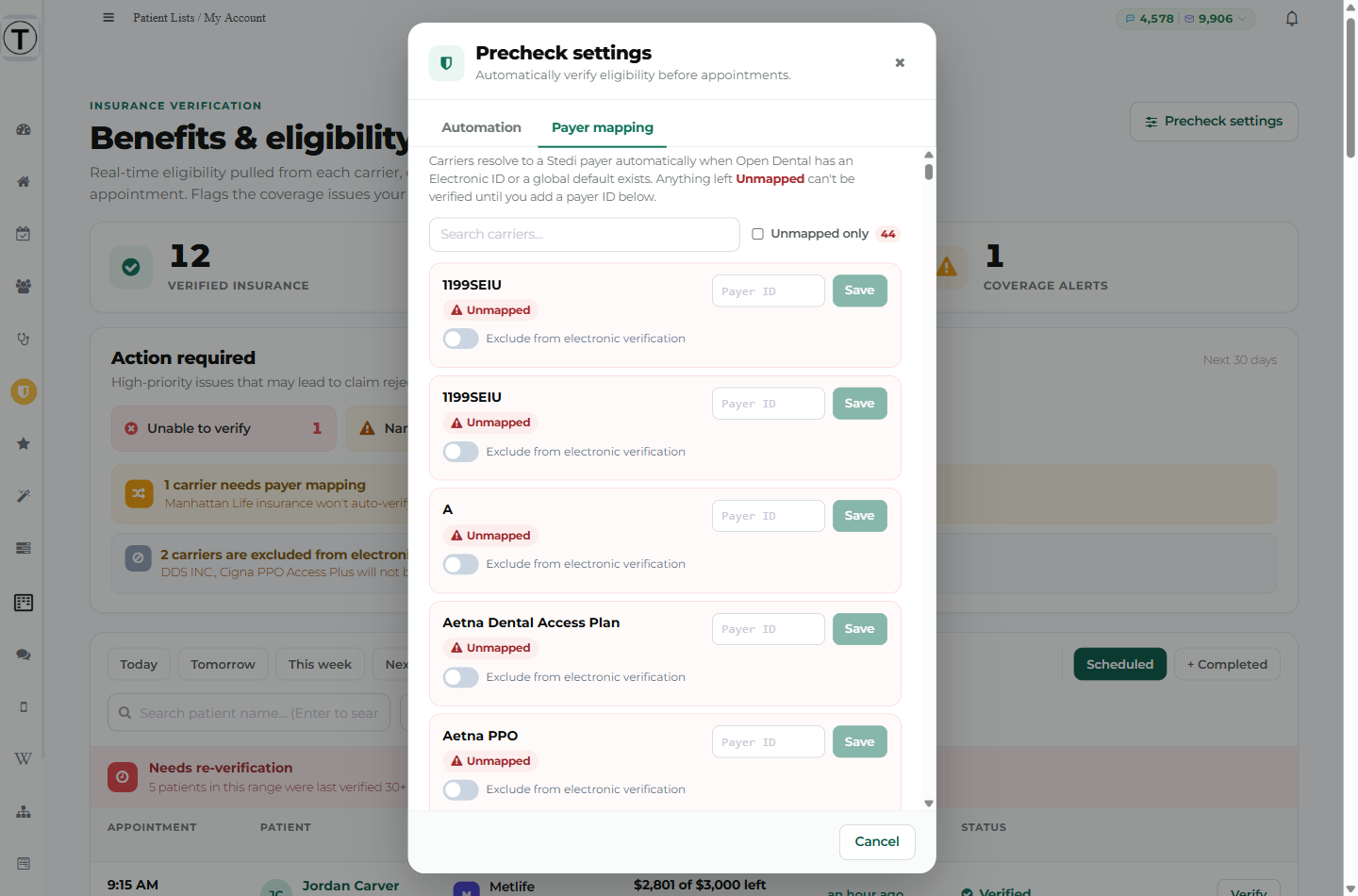 The Payer mapping tab with the intro text, search box, Unmapped only filter, and unmapped carrier rows each with a Payer ID box and an exclude toggle.