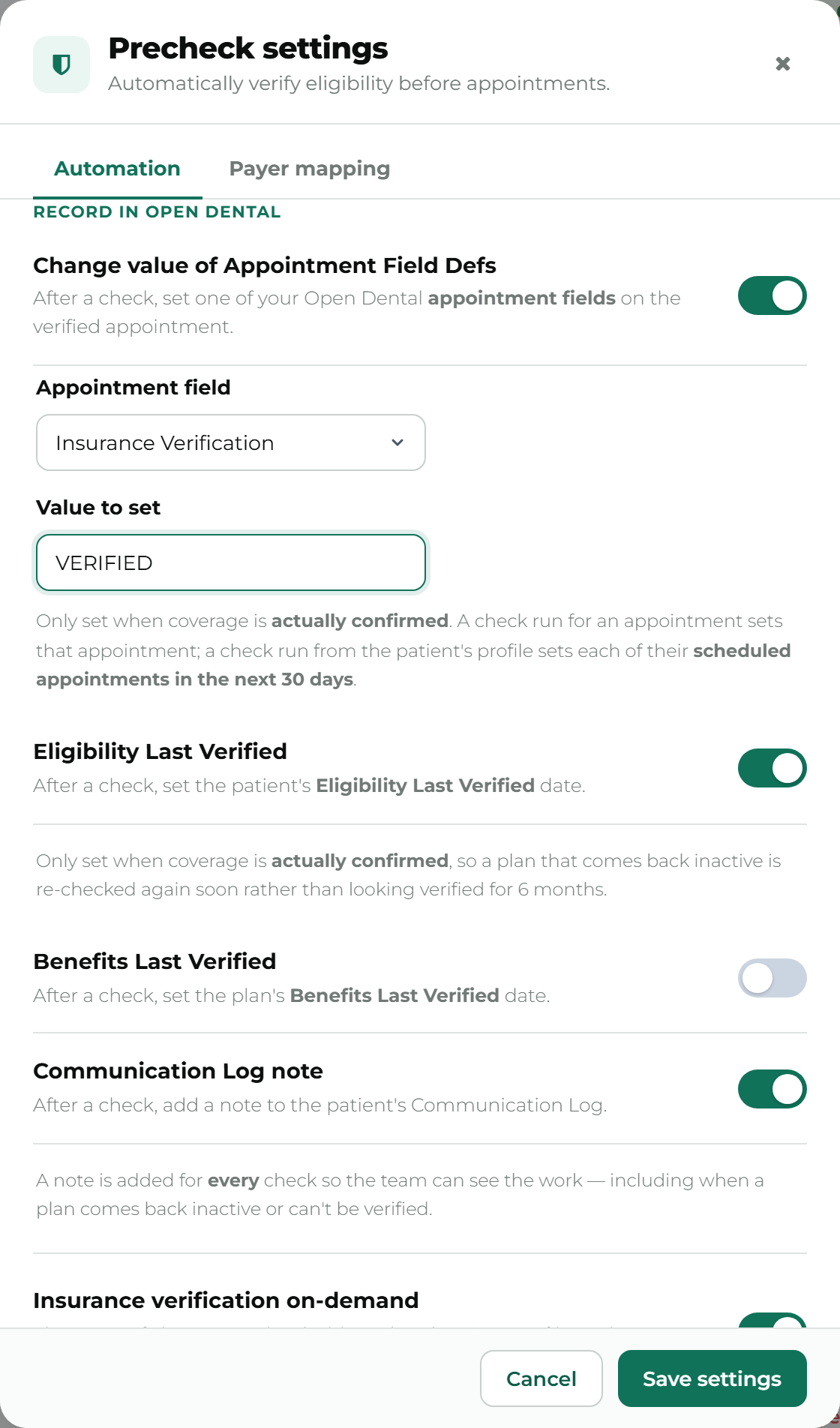 The Change value of Appointment Field Defs toggle turned on, with the Appointment field dropdown set to Insurance Verification and the Value to set field showing VERIFIED.