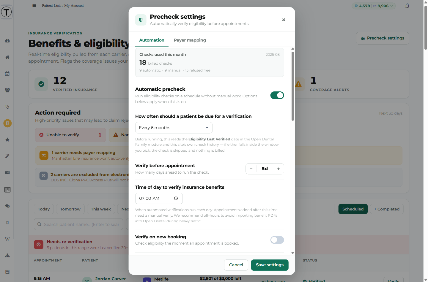 The Automation tab showing the usage meter, Automatic precheck switched on, the re-verification window, lookahead, run time, and Verify on new booking.