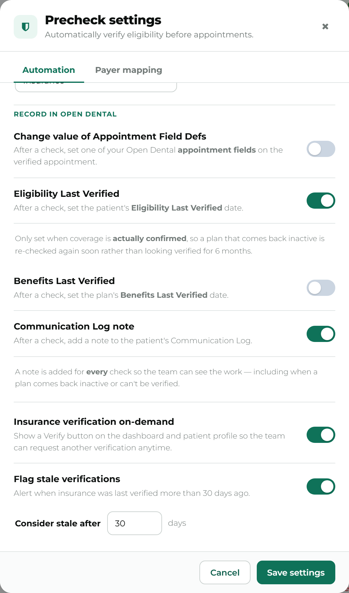 The Record in Open Dental section with its four toggles, plus Insurance verification on-demand and Flag stale verifications.