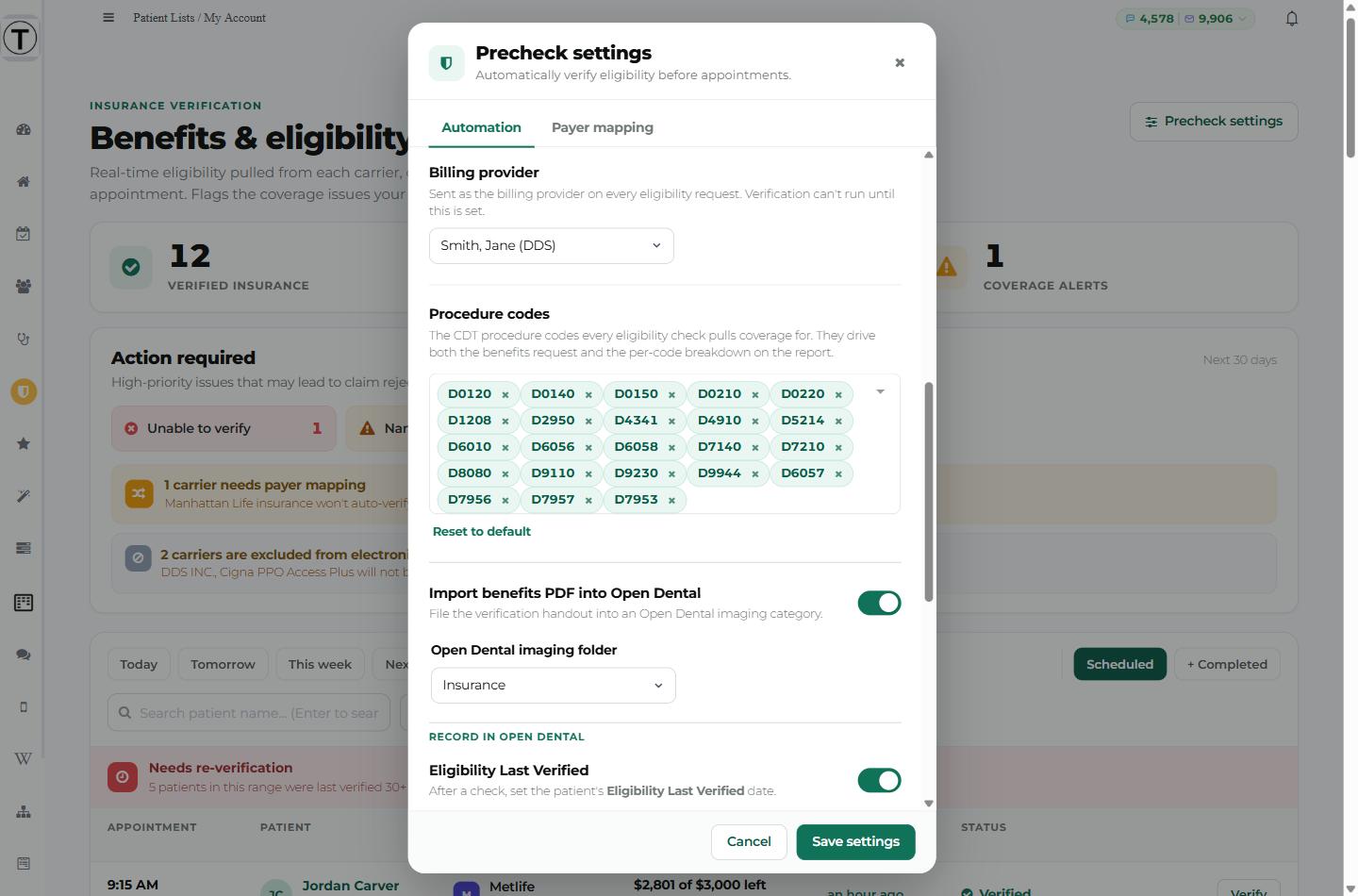 Billing provider, the procedure-code chip editor with Reset to default, the Import benefits PDF toggle and imaging folder.
