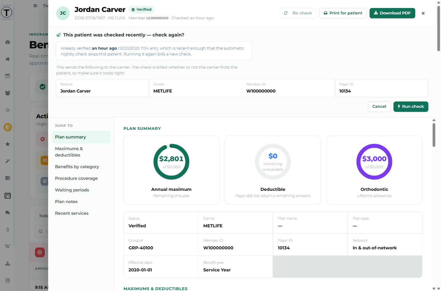 The verify confirmation panel showing the recently-checked warning, the billing note, a fact grid of what will be sent, and Cancel / Run check buttons.