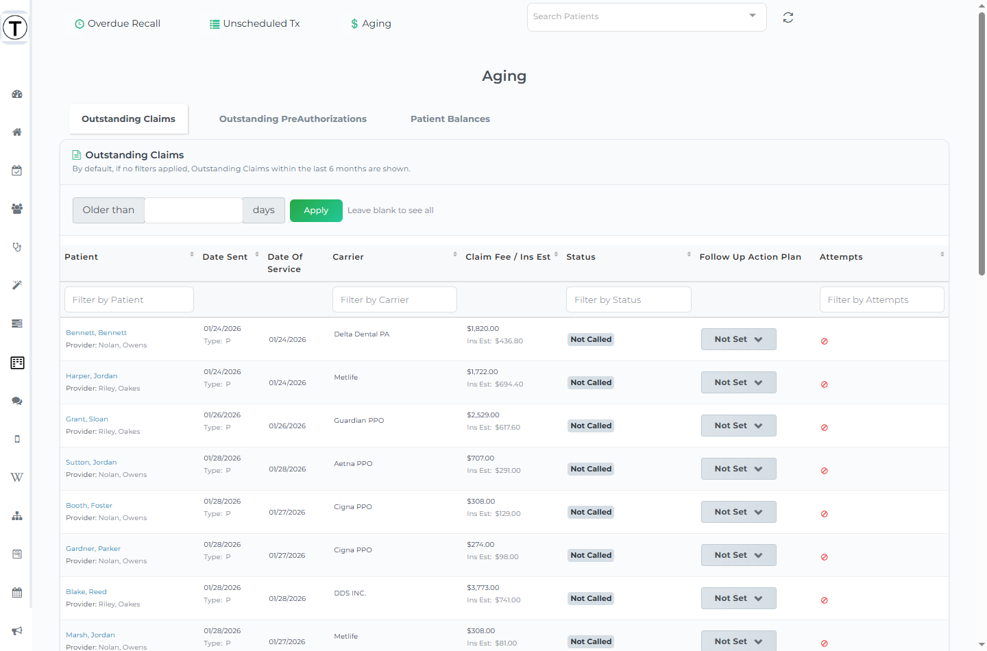 Aging page open on the Outstanding Claims tab, with the three tabs and the Older-than-days filter above the claims table.