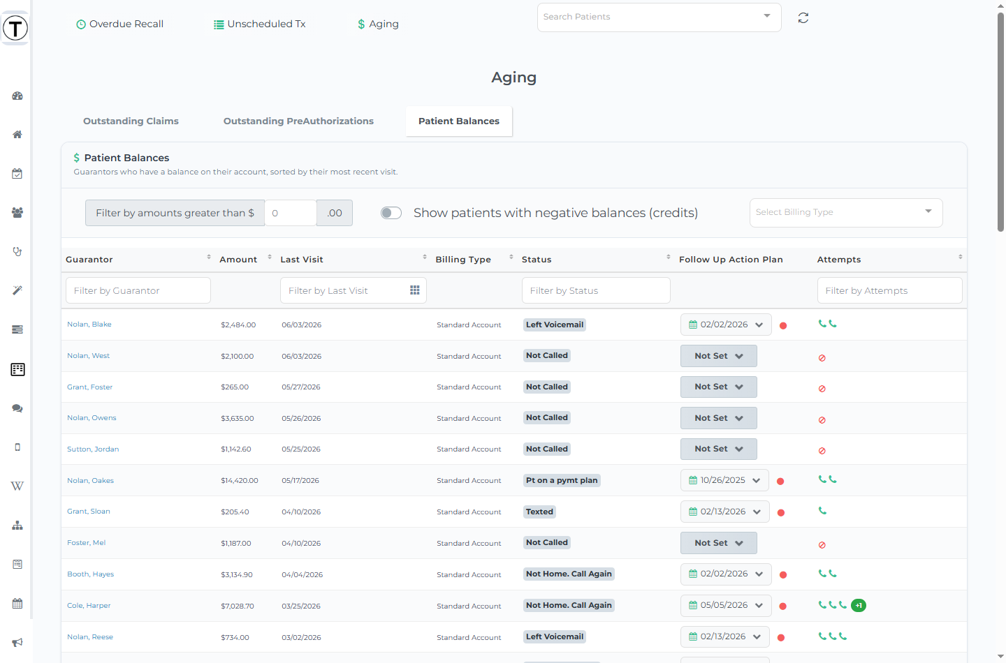 Aging page on the Patient Balances tab with the amount, credits, and billing-type filters.