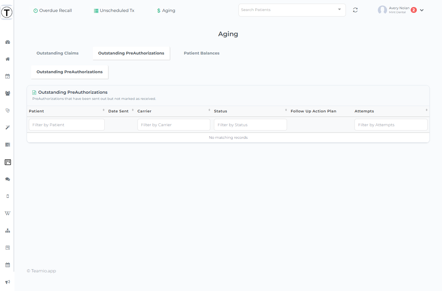 Aging page on the Outstanding PreAuthorizations tab with its pre-authorization table.
