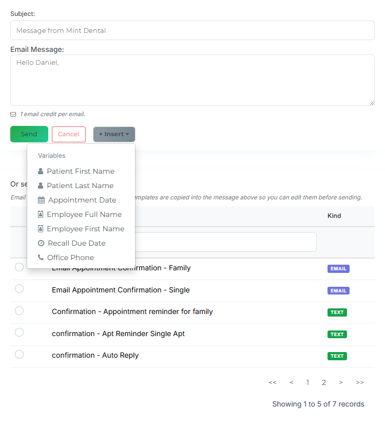 The + Insert menu open, listing Patient First Name, Patient Last Name, Appointment Date, Employee Full Name, Employee First Name, Recall Due Date, and Office Phone.