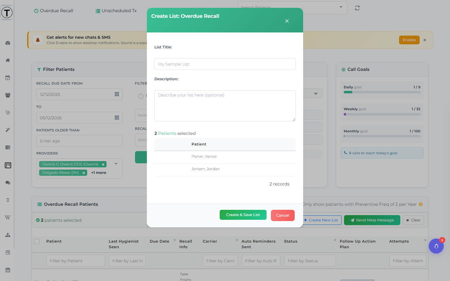 Create List modal with the List Title and Description fields above the table of selected patients.