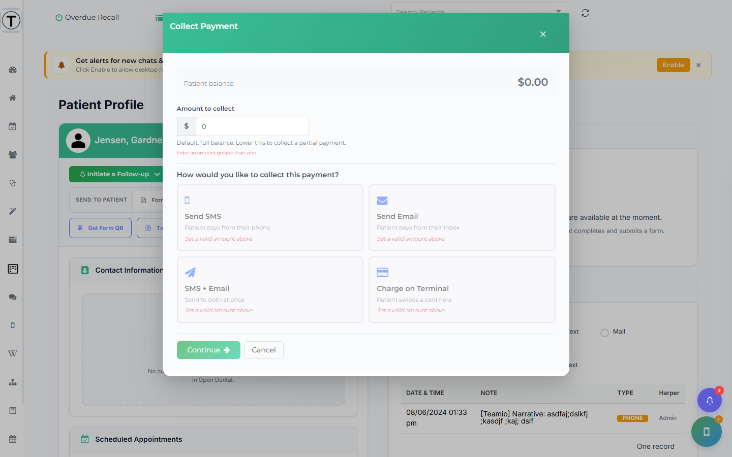 Collect Payment modal showing the patient balance, an amount field, and the Send SMS, Send Email, SMS + Email, and Charge on Terminal cards.