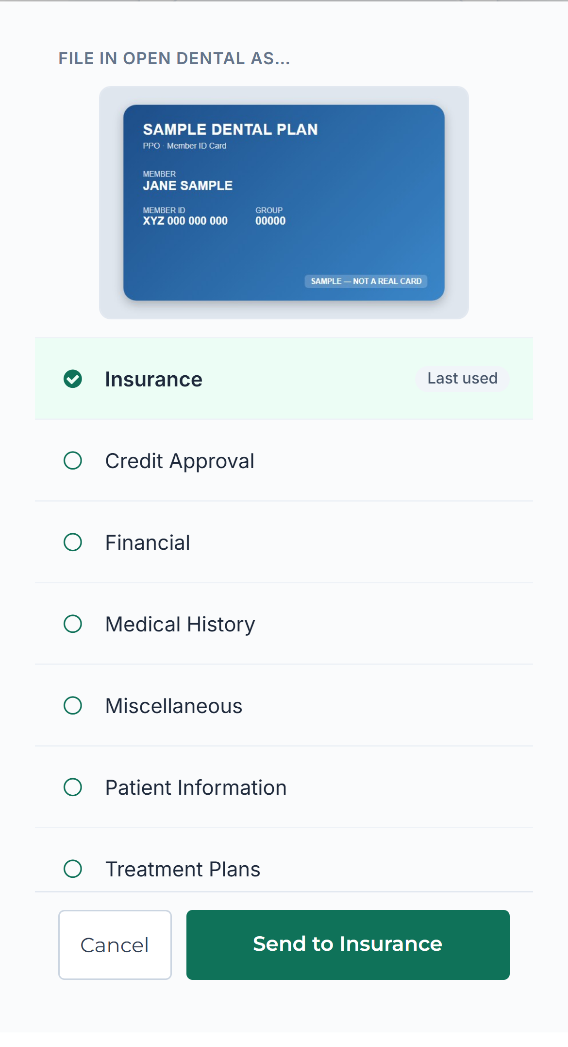 The File in Open Dental as… sheet on a phone: a sample insurance card photo, the Insurance category checked and marked Last used, and the Send to Insurance button at the bottom.