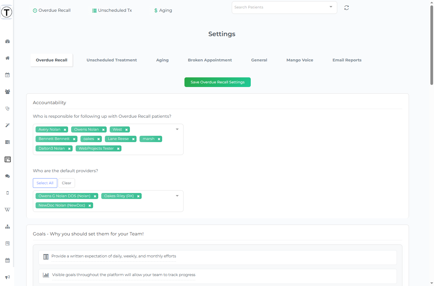 Settings on the Overdue Recall tab, showing the Accountability section with responsible employees and default providers, and the Goals section.