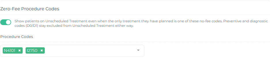 The Zero-Fee Procedure Codes setting switched on, with two no-fee procedure codes selected.