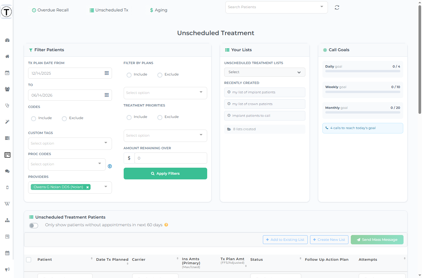 Unscheduled Treatment page with the Filter Patients, Your Lists, and Call Goals panels above the patient table.