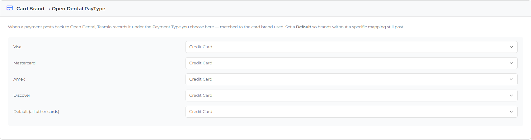 The Card Brand to Open Dental PayType card, with a dropdown per brand and a Default row.