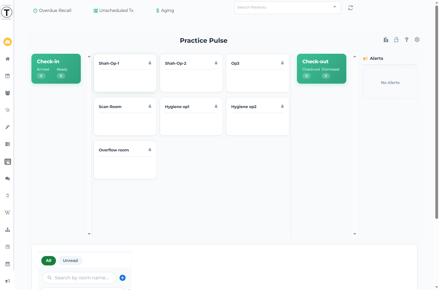 The Practice Pulse board: a Check-in column, operatory columns with ping icons, a Check-out column, an Alerts panel, and the header controls.