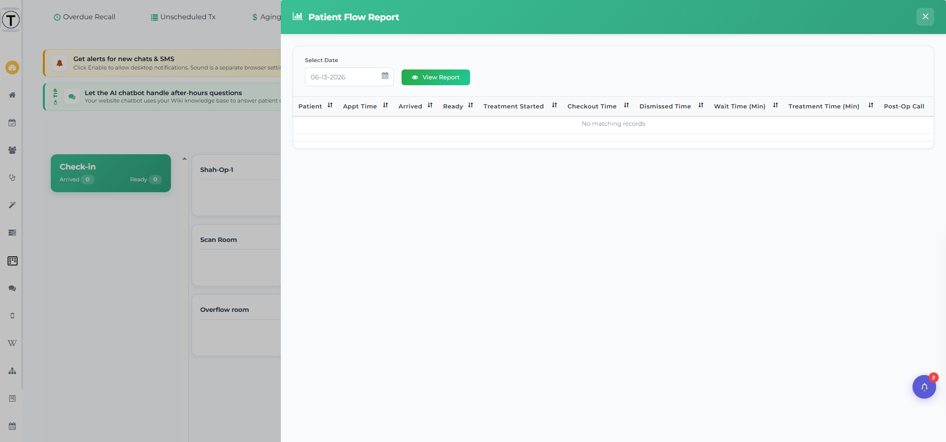 The Patient Flow Report panel: a Select Date picker and View Report button above a table of per-patient arrival, treatment, and checkout times.
