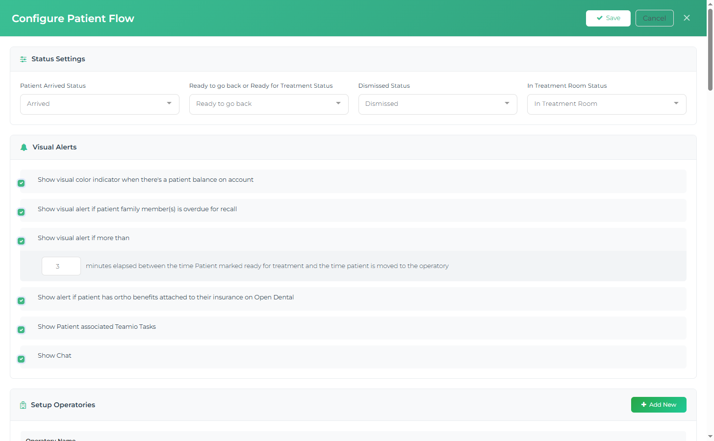 The Configure Patient Flow settings panel: status mapping, visual alerts, operatories, provider colors, and post-op calls, with Save and Cancel.