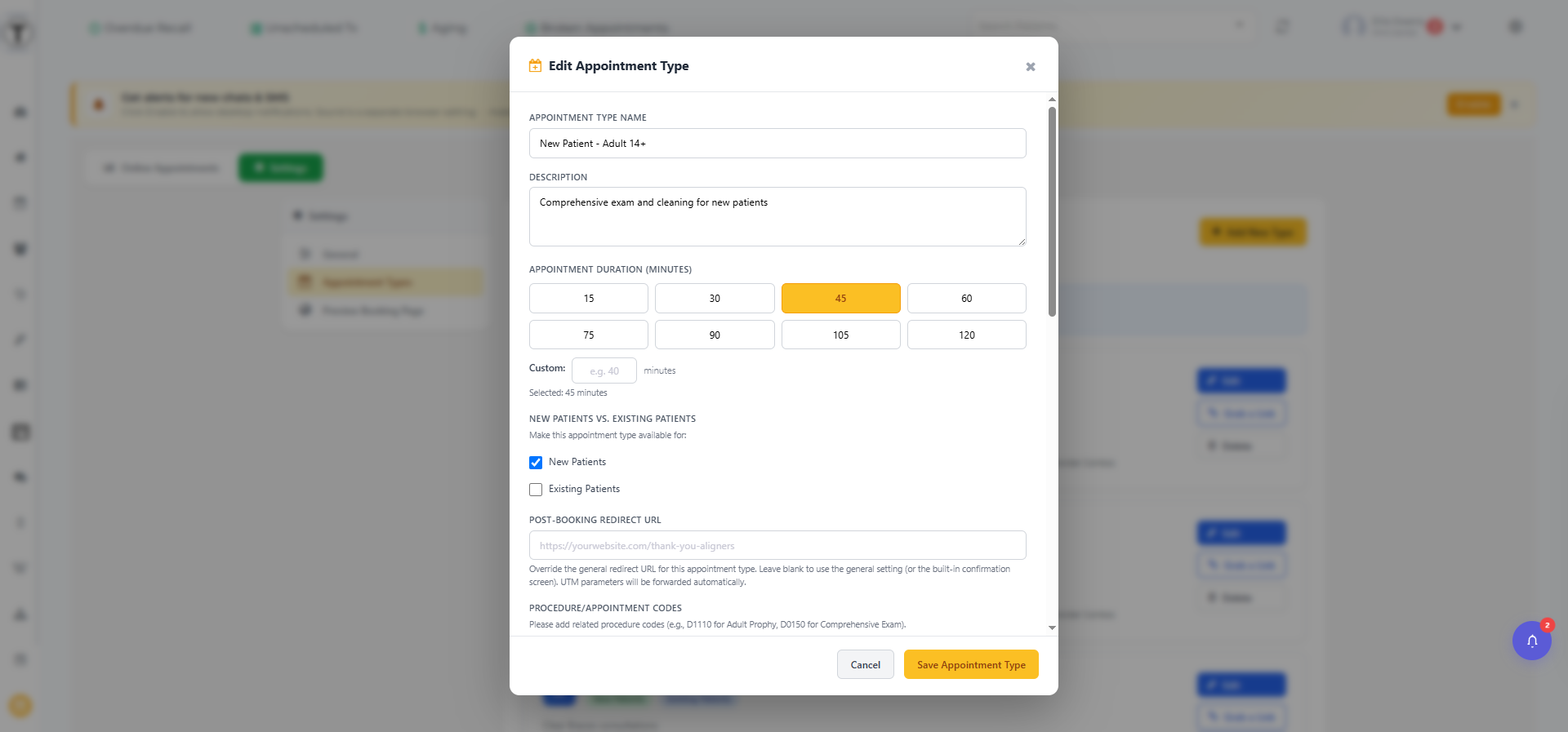 The Edit Appointment Type modal: name, a duration preset grid, New vs. Existing checkboxes, the procedure-codes field, and operatory-to-provider mapping.