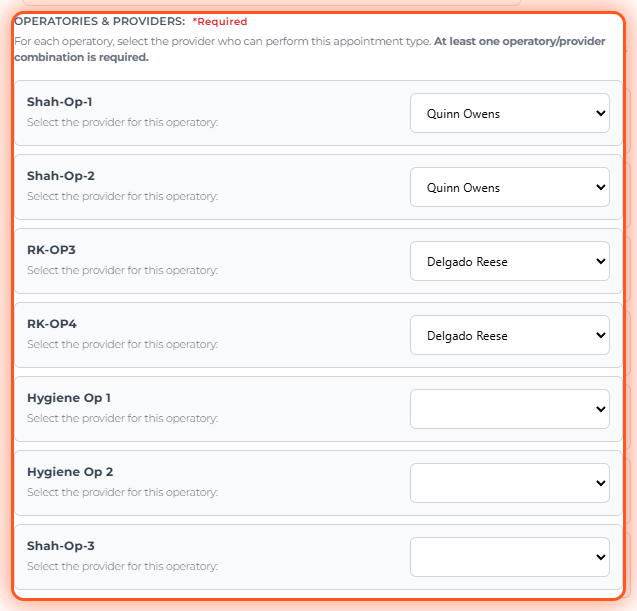 The Operatories & Providers section near the bottom of the Edit Appointment Type modal, marked Required, with each operatory row and its provider dropdown highlighted.