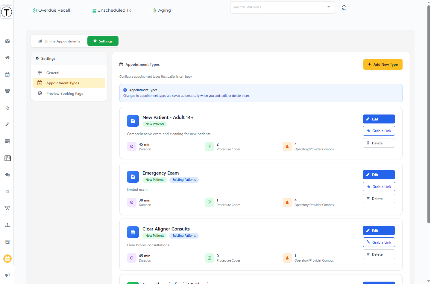 The Appointment Types tab: Add New Type button, an auto-save notice, and type cards each showing badges, duration, procedure codes, operatory combos, and Edit / Grab a Link / Delete.