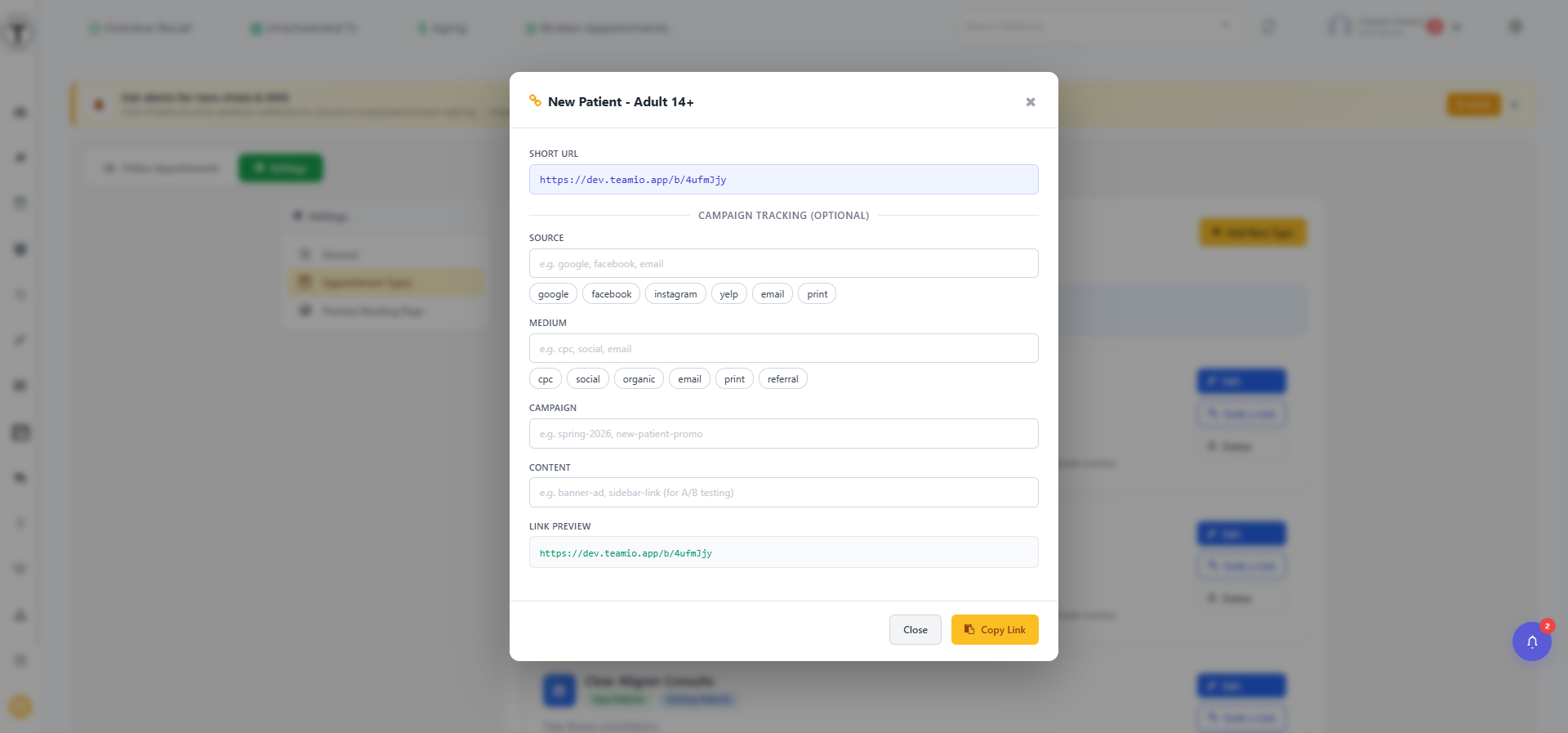 The Grab a Link modal with a read-only Short URL, UTM Campaign Tracking Source/Medium/Campaign/Content chips, a live Link Preview, and a Copy Link button.