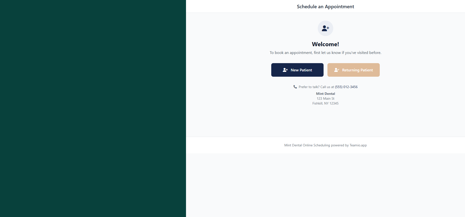 The patient's first booking screen — a Welcome page with practice branding asking whether they're a New Patient or a Returning Patient.