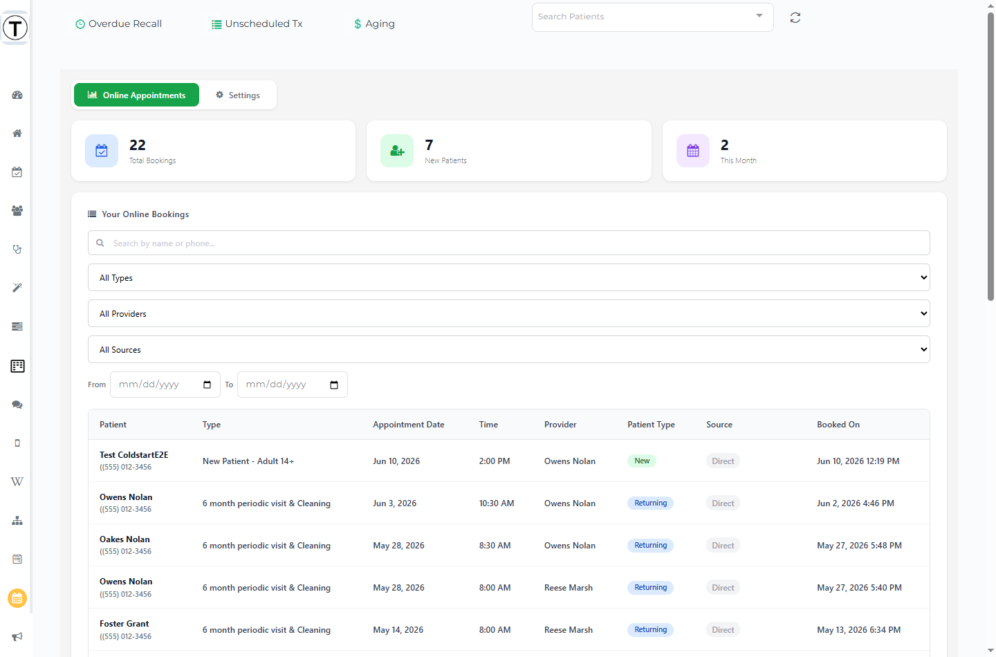 The Online Appointments dashboard with KPI cards and a table of bookings tagged by source.