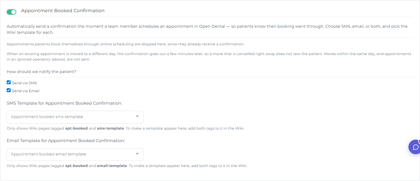The Appointment Booked Confirmation section: the on switch, the SMS and Email checkboxes both checked, and a chosen template dropdown for each channel.