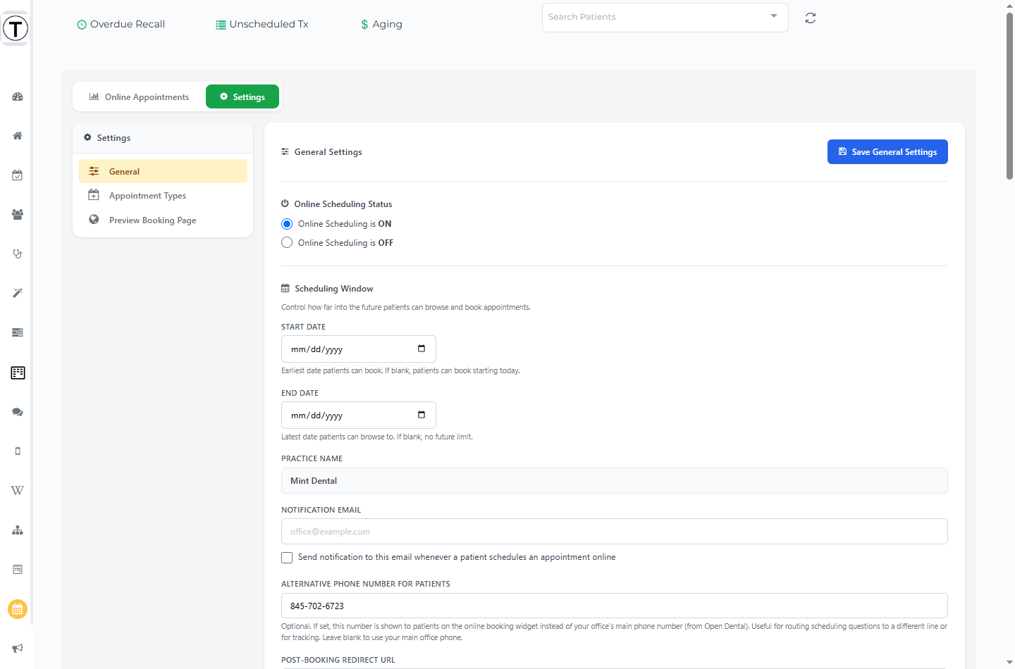 Top of the General settings tab with the Online Scheduling status radios, scheduling-window dates, practice info, and notification email.