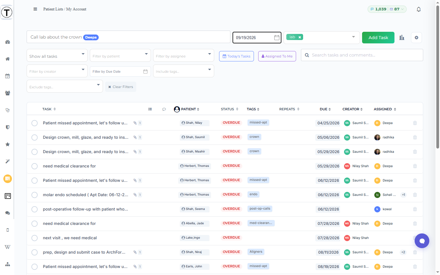 The inline composer with a typed task, a blue @assignee pill, a due date, and a category tag, with the Add Task button to the right.