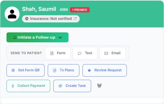 The patient profile action row with the new Create Task button after Collect Payment.