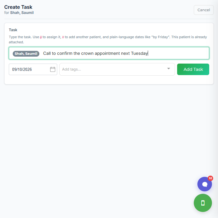 The Create Task panel with the patient already attached and a task typed in the composer.