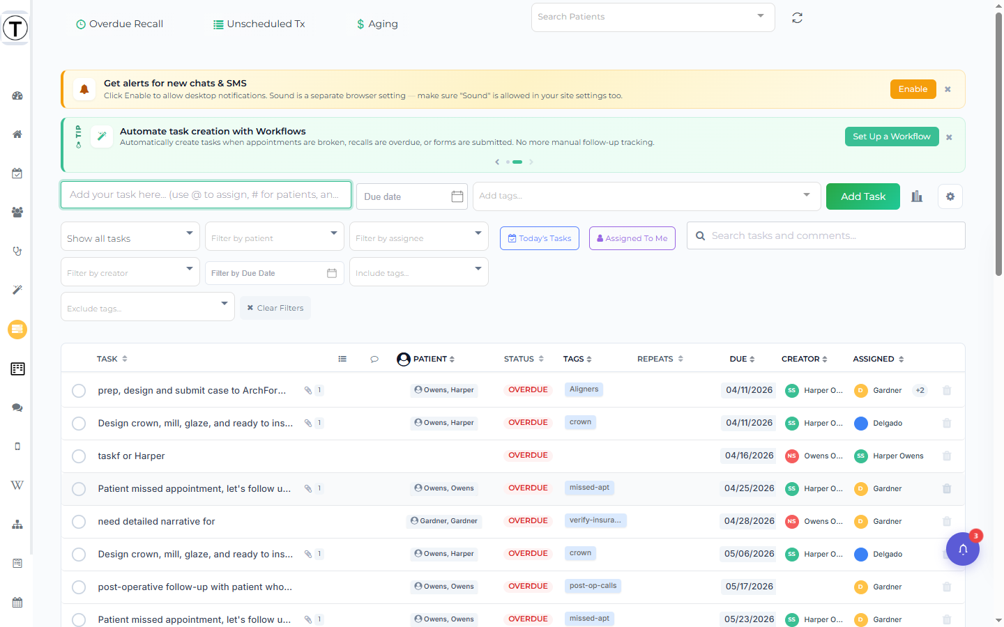 The Task Details slide-out panel: task ID, assignees, patients, due date with the Set to repeat link, and the subtasks, wiki, and comments sections.