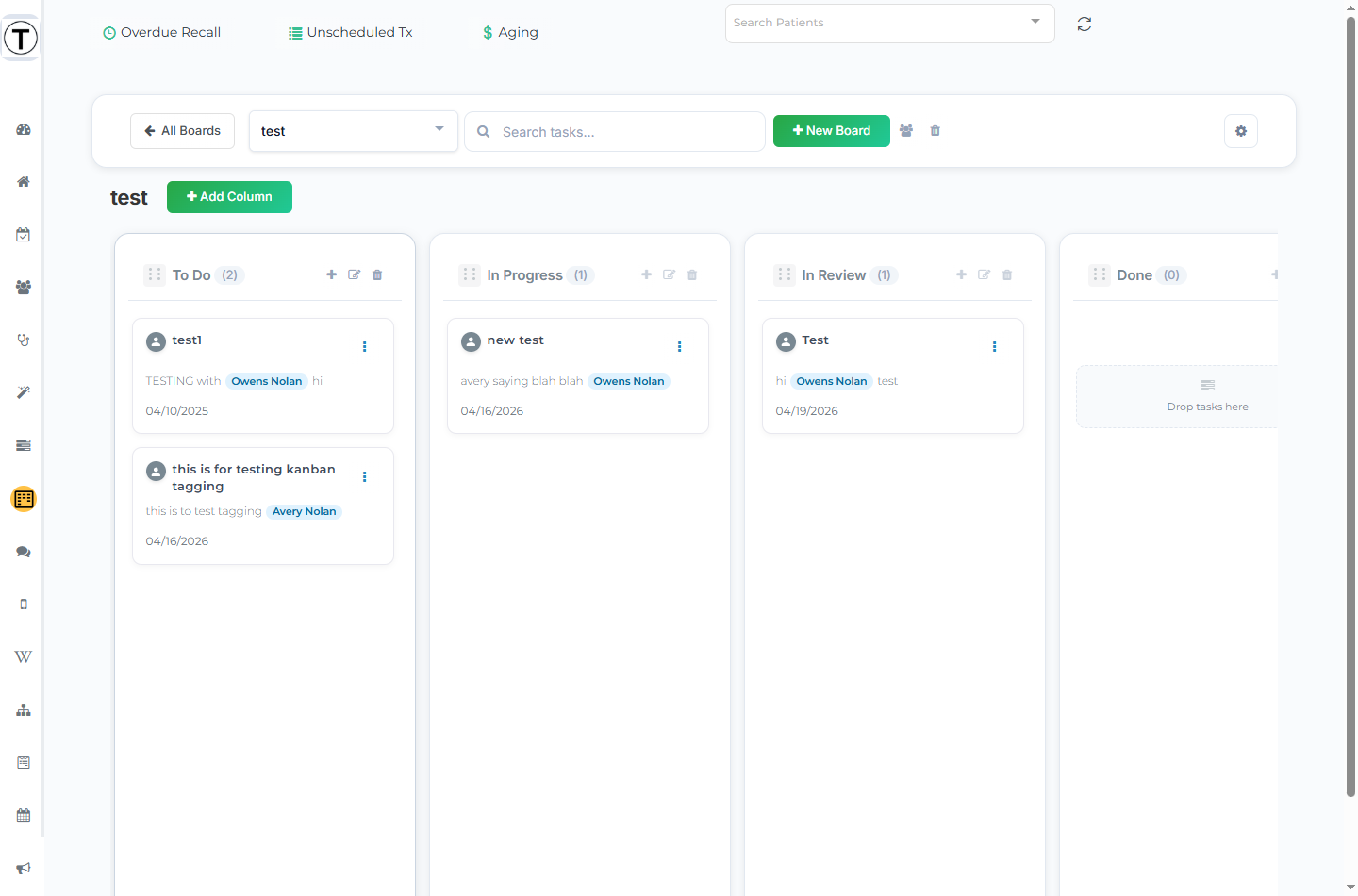 An open Kanban board: the All Boards button, board selector, task search, New Board and members buttons, and columns of cards with per-column controls.