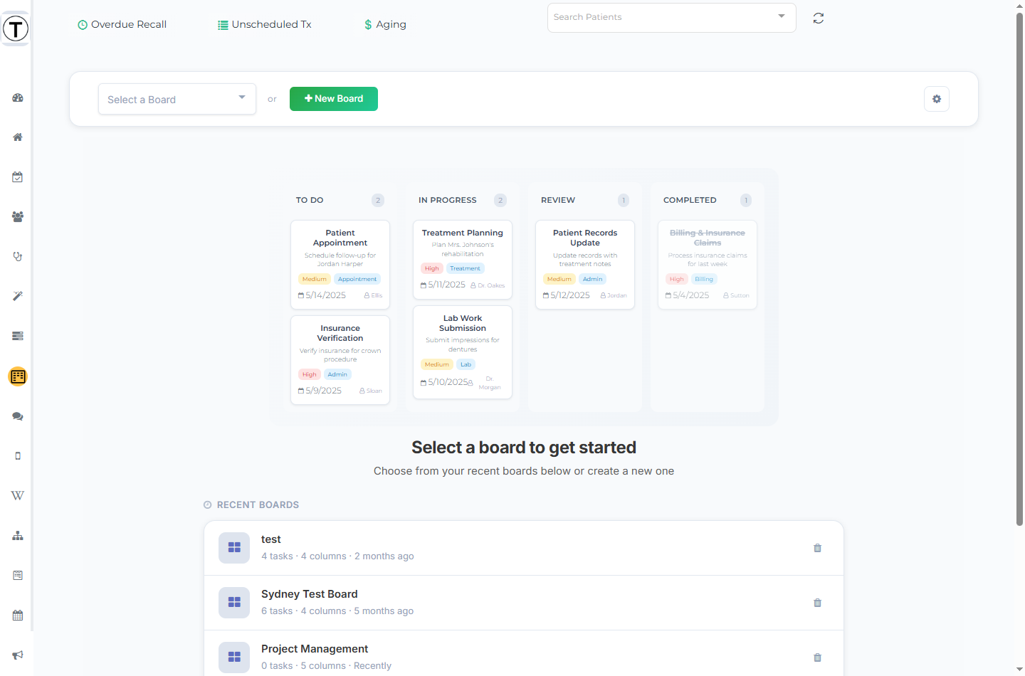 The Kanban landing page: the Select a board hero, a Recent Boards list with task and column counts, and the Create New Board row.